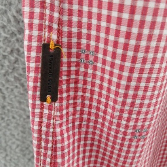Boss Hugo Boss Shirt Mens XL Red Gingham Check Geometric Slim Fit Orange Tag - Picture 8 of 9